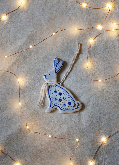 Bunny Ornament - White & Gold Scarf
