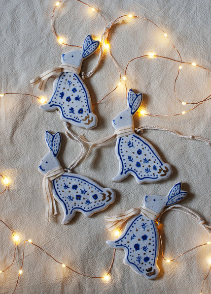 Bunny Ornament - White & Gold Scarf