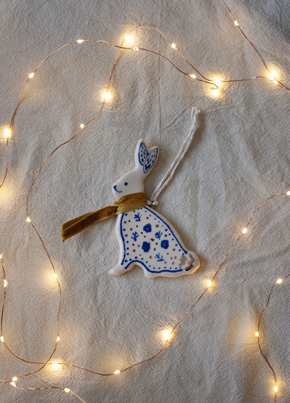 Bunny Off White Ornament - Gold Scarf